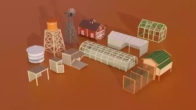 Low poly Farm Set buildings
