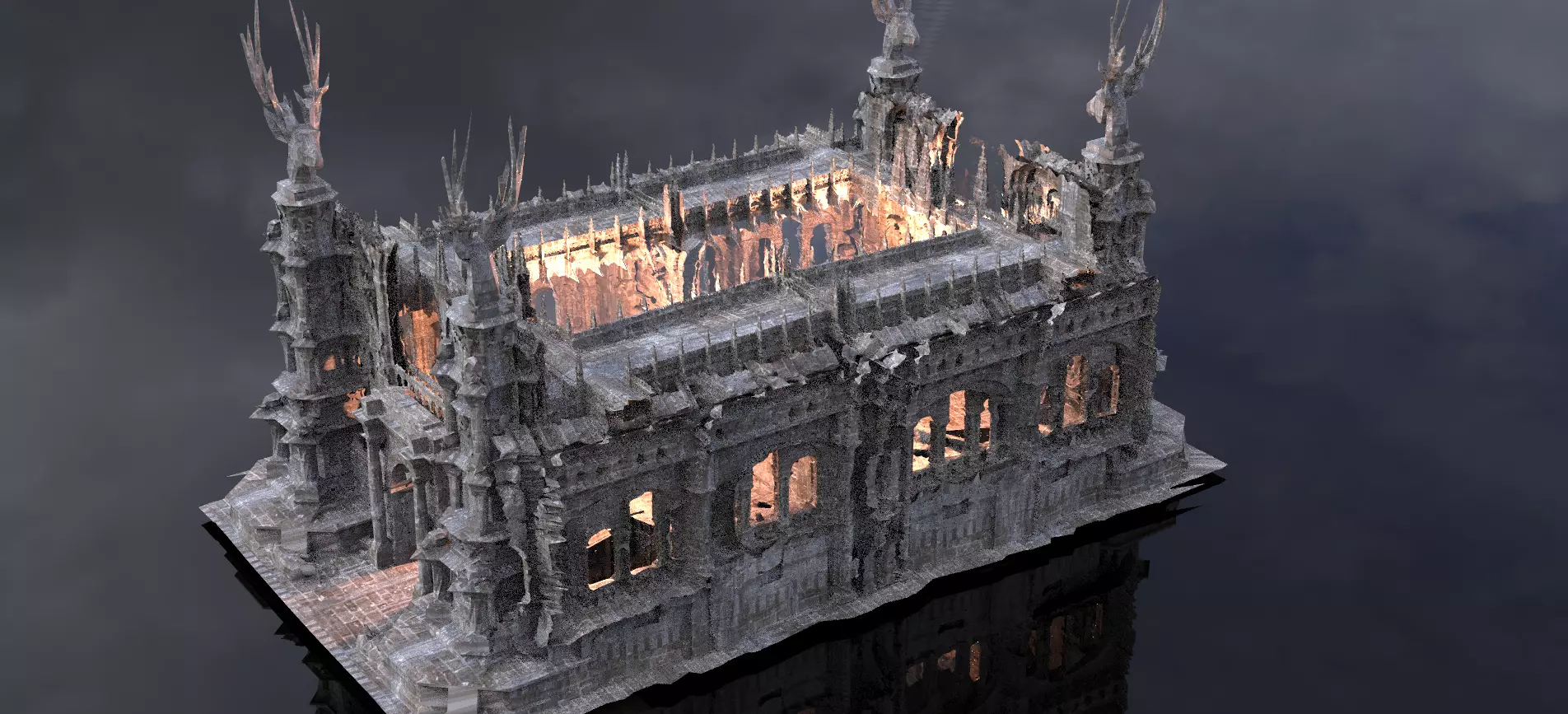 Medieval cathedral fort with ancient stone steps interior 3D model_0