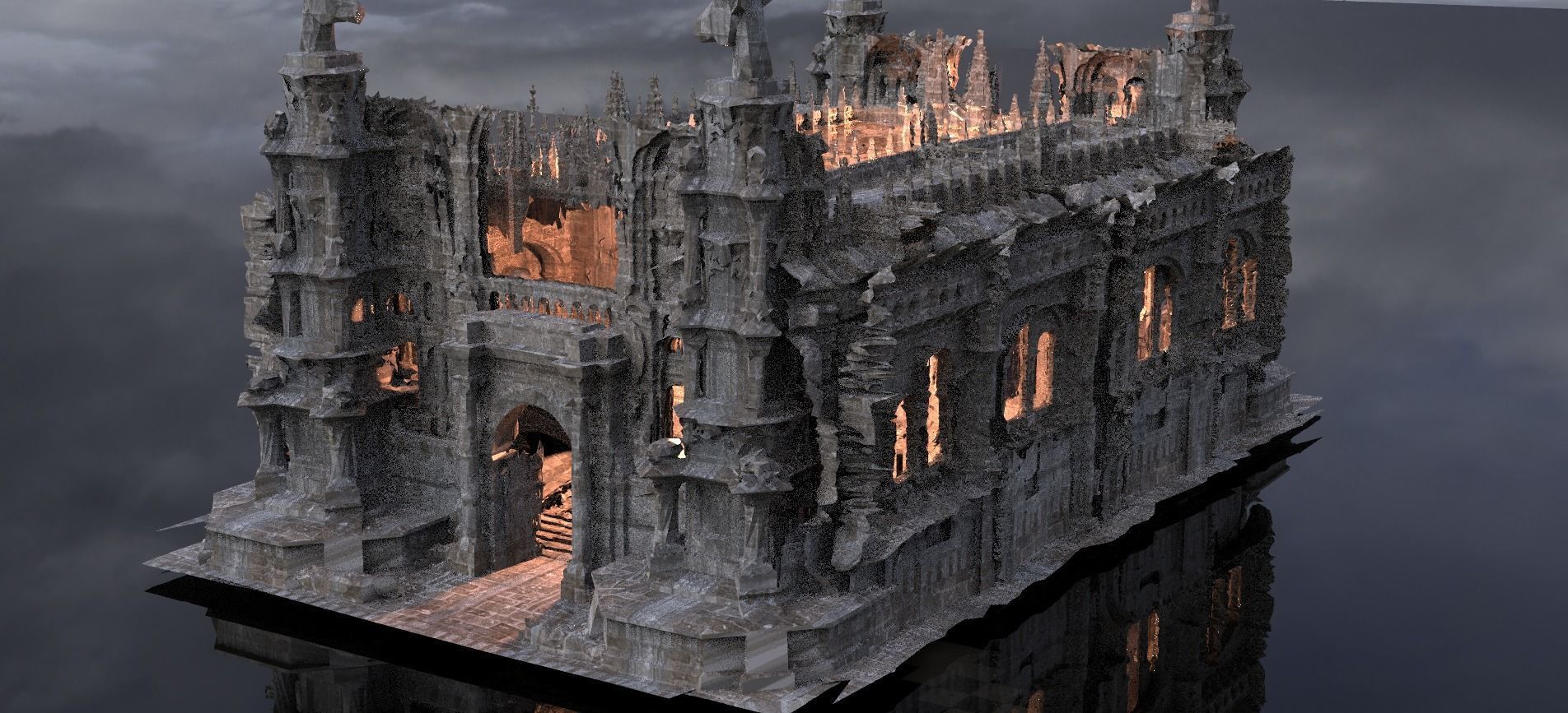 Medieval cathedral fort with ancient stone steps interior 3D model_1