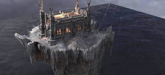 Floating Mountain and Medieval castle with stone interior 3D model