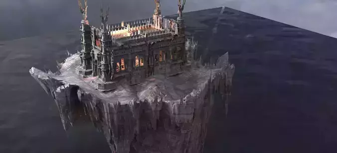 Floating Mountain and Medieval castle with stone interior 3D model