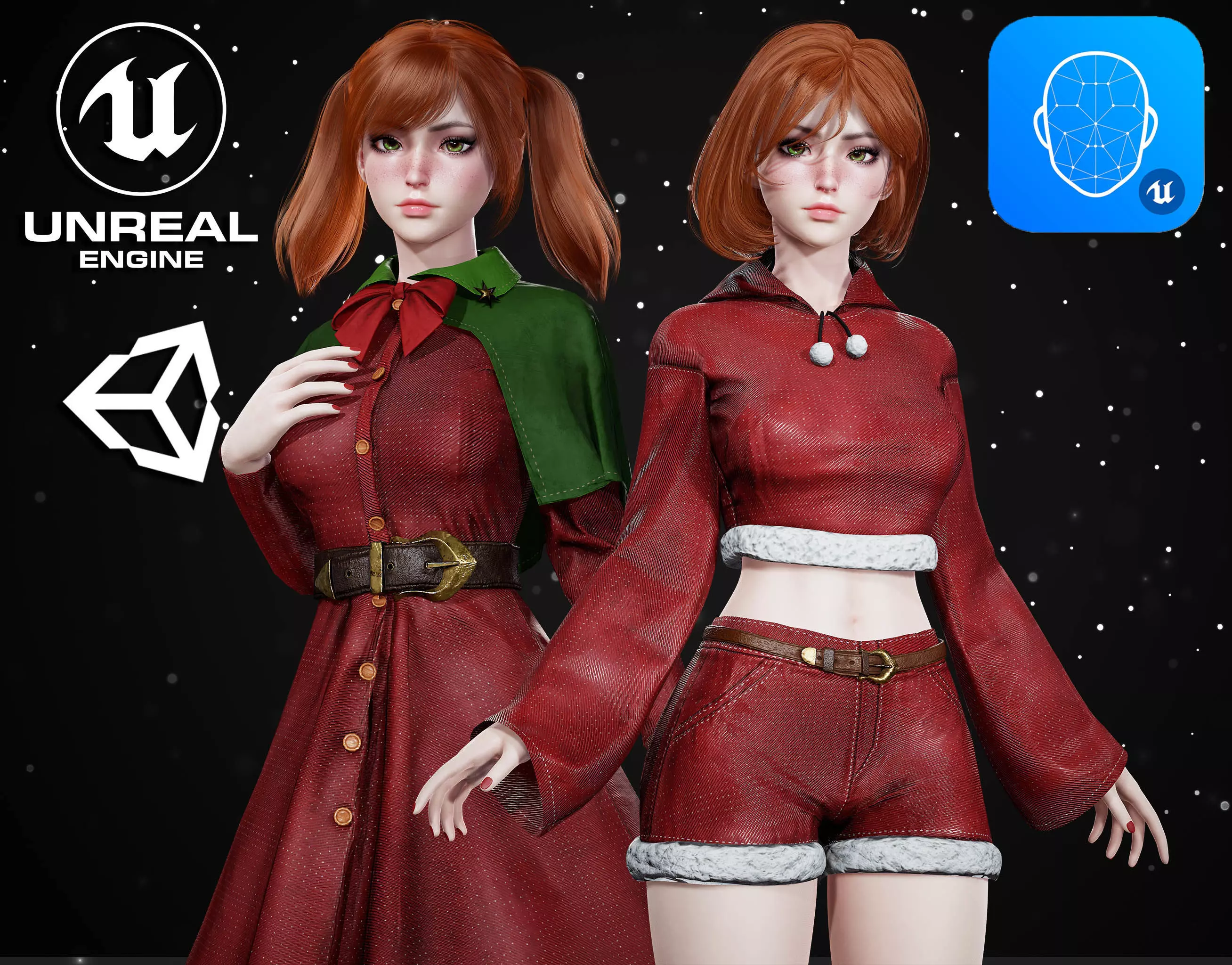 New Year Girls - Game Ready Low-poly 3D model_0