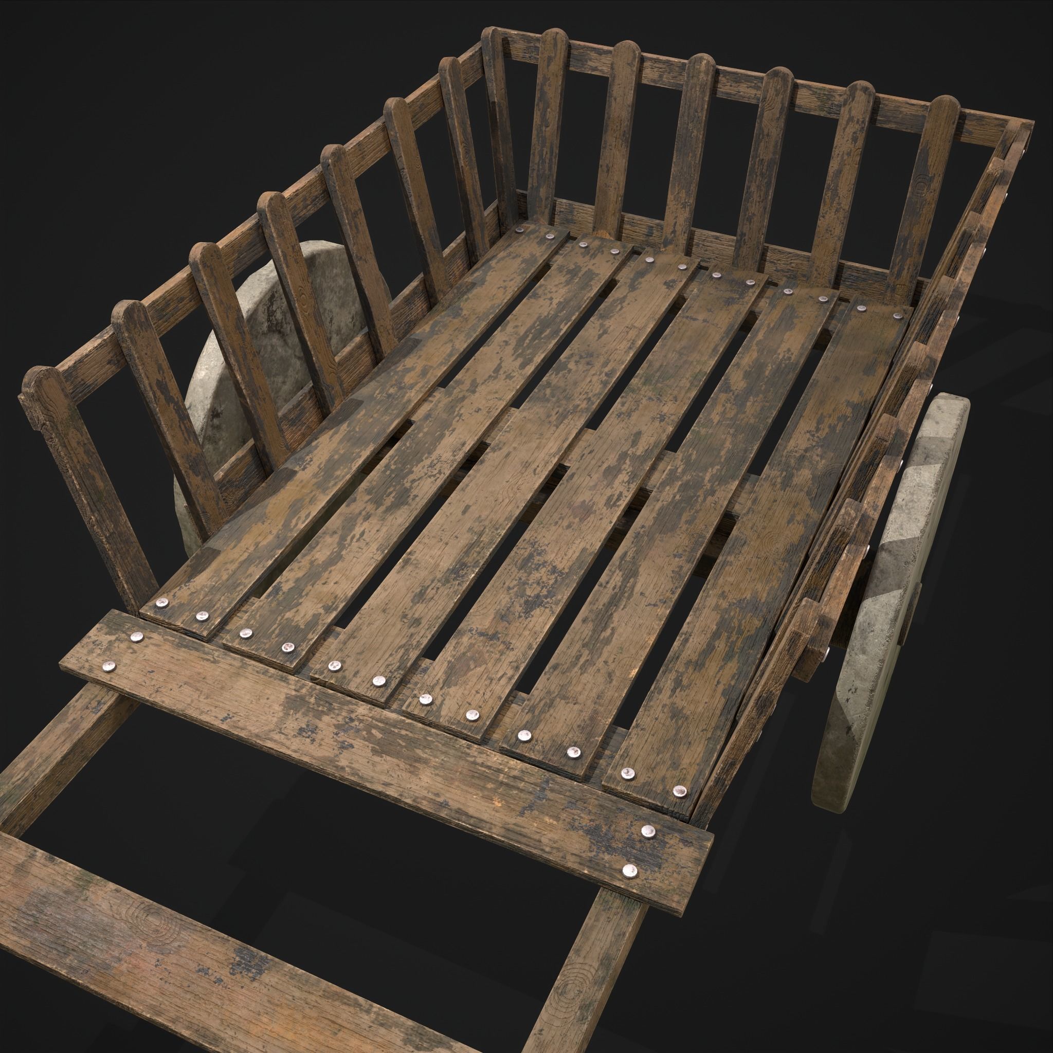 Long Bed Cart Stone Wheeled Low-poly 3D model_3