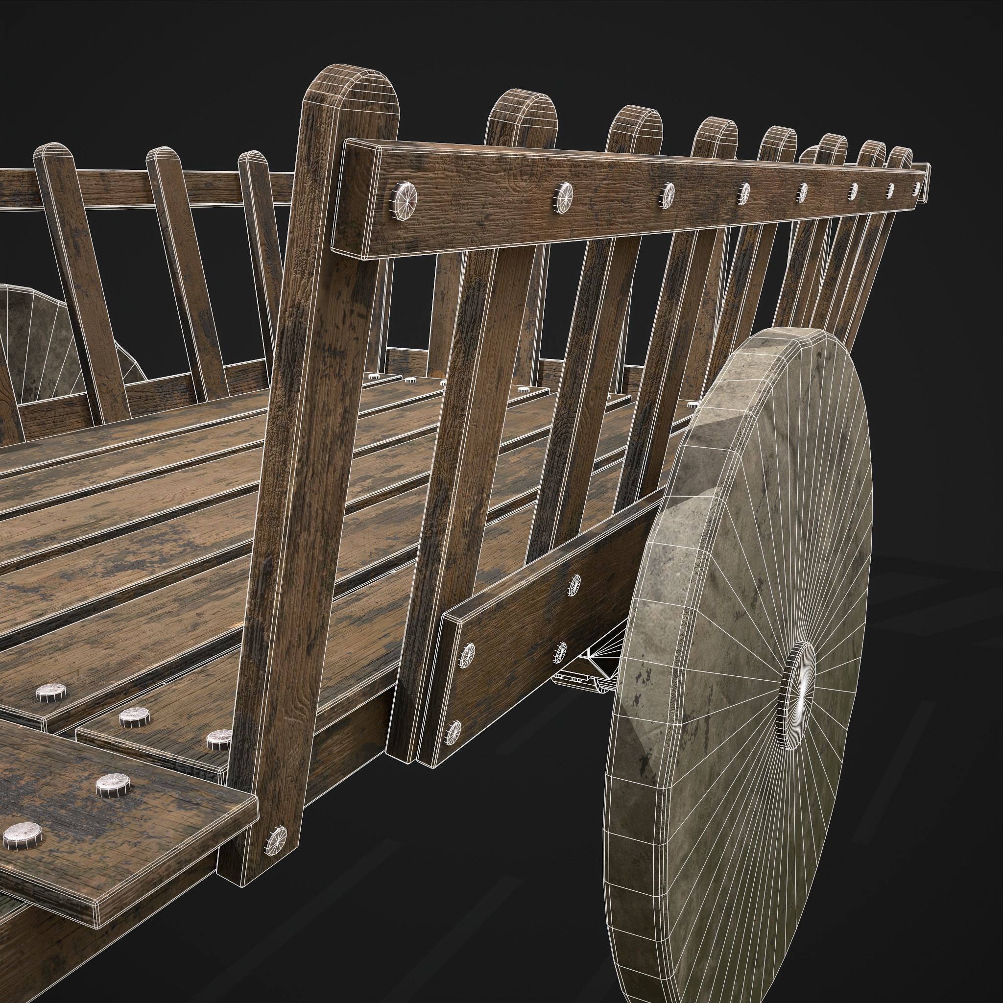Long Bed Cart Stone Wheeled Low-poly 3D model_16