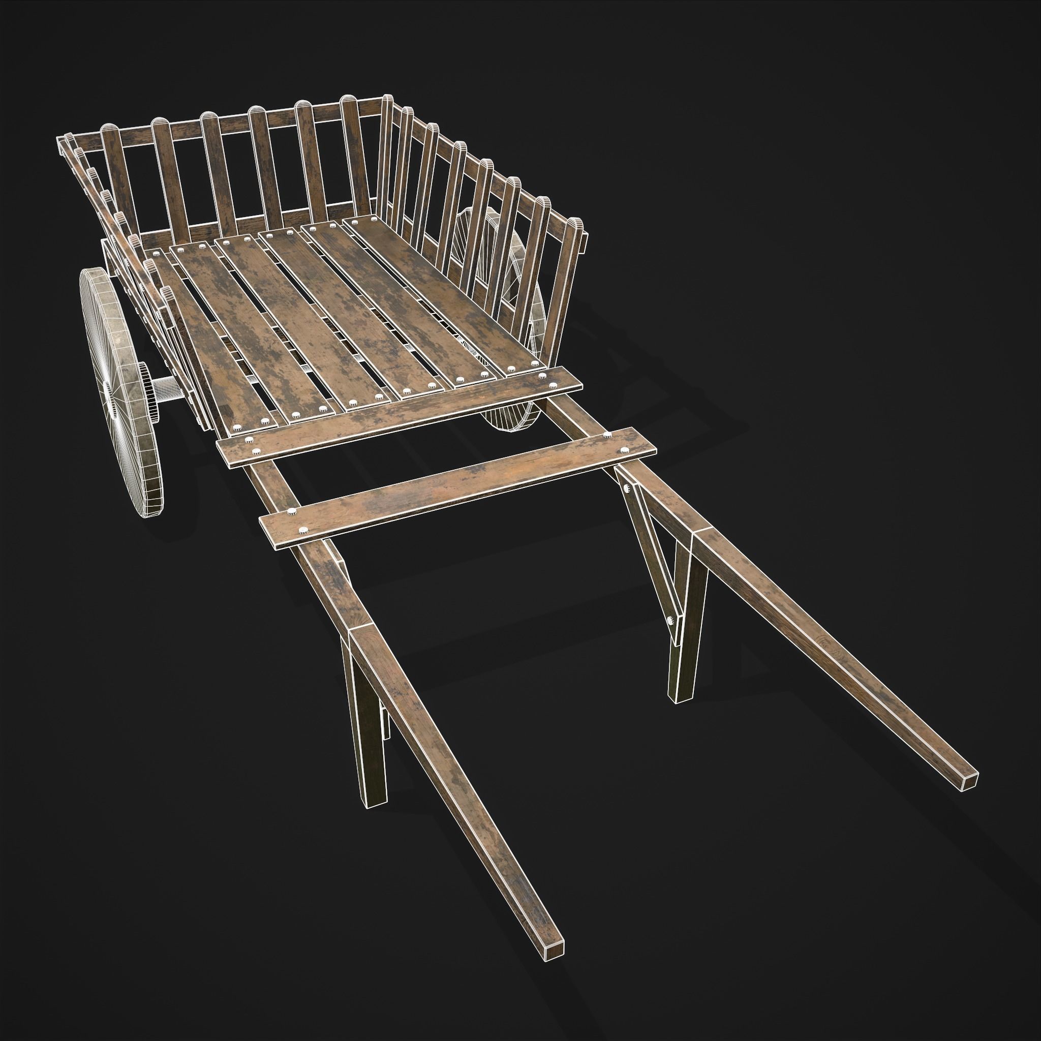 Long Bed Cart Stone Wheeled Low-poly 3D model_2