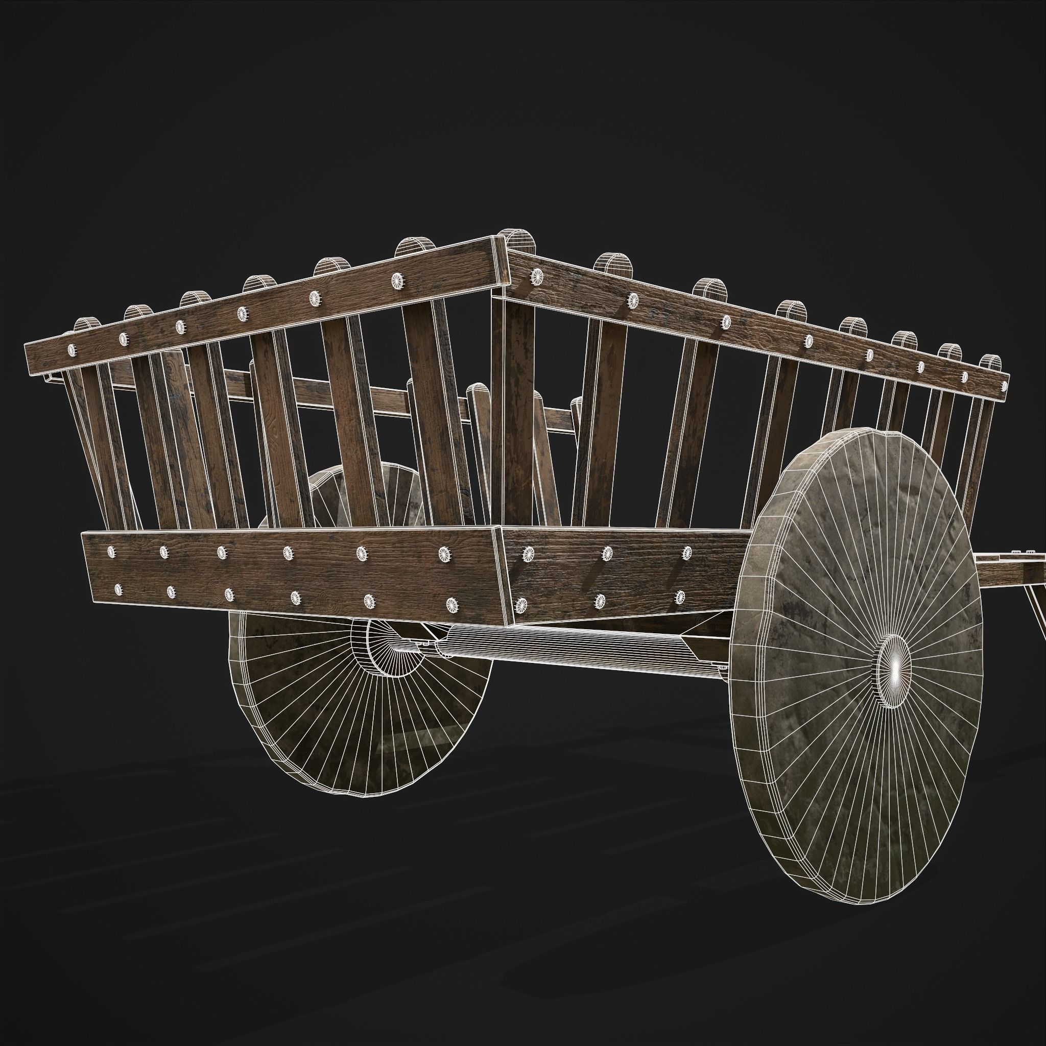 Long Bed Cart Stone Wheeled Low-poly 3D model_10