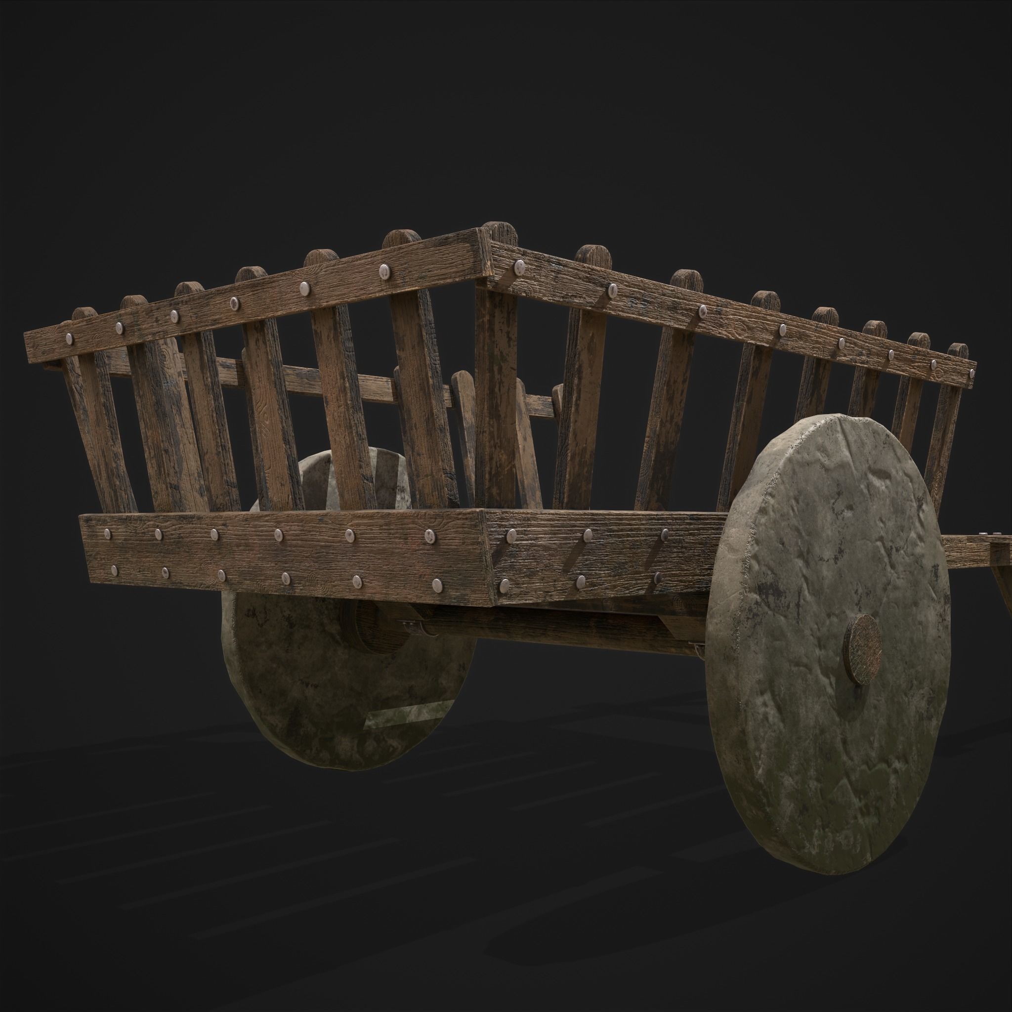 Long Bed Cart Stone Wheeled Low-poly 3D model_9