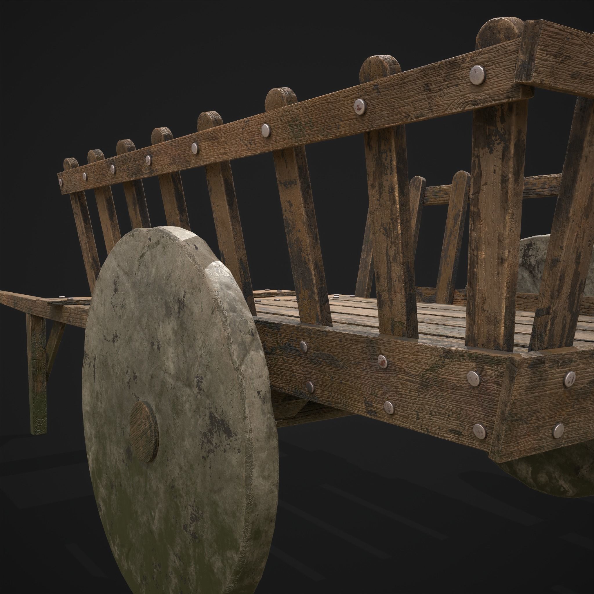 Long Bed Cart Stone Wheeled Low-poly 3D model_31