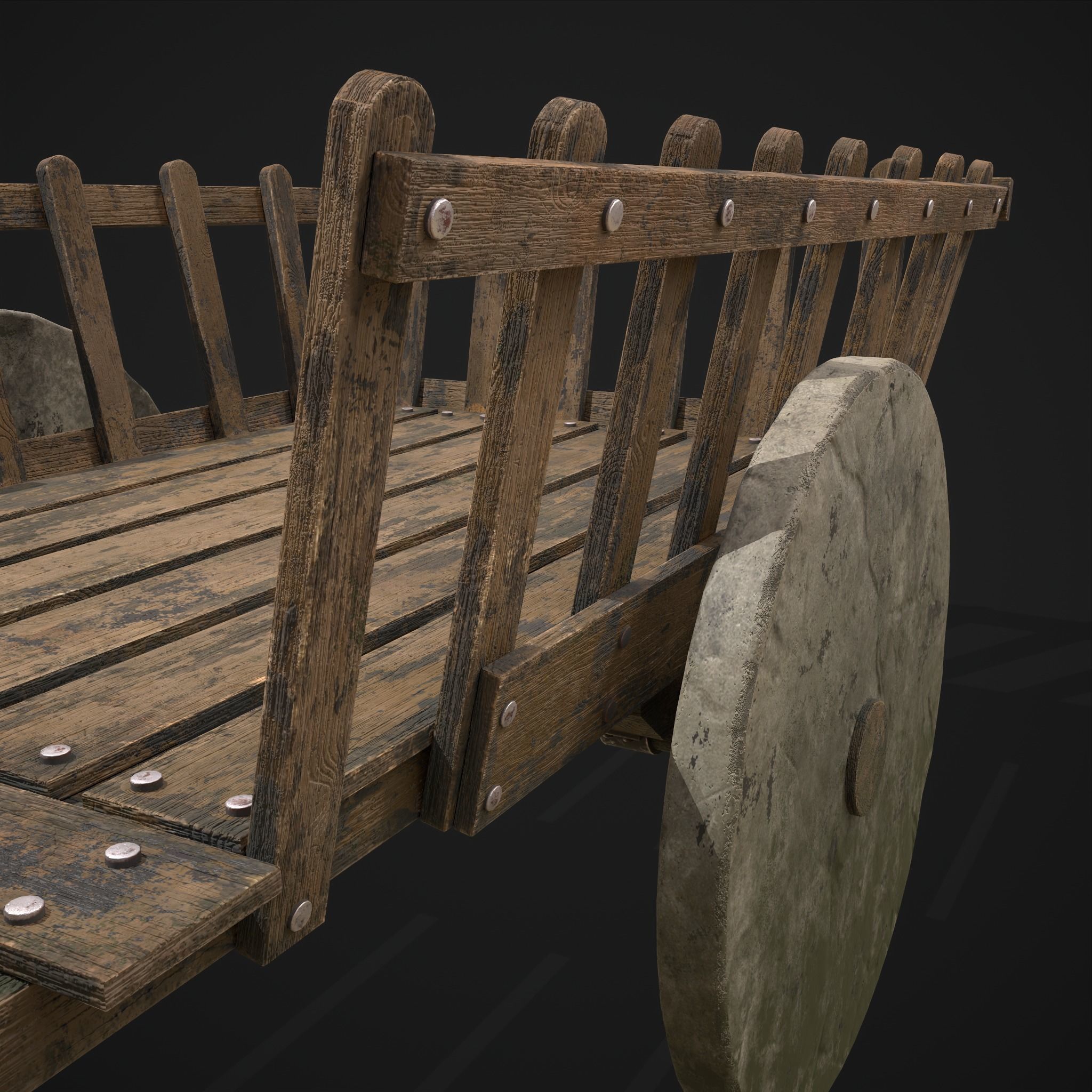 Long Bed Cart Stone Wheeled Low-poly 3D model_15