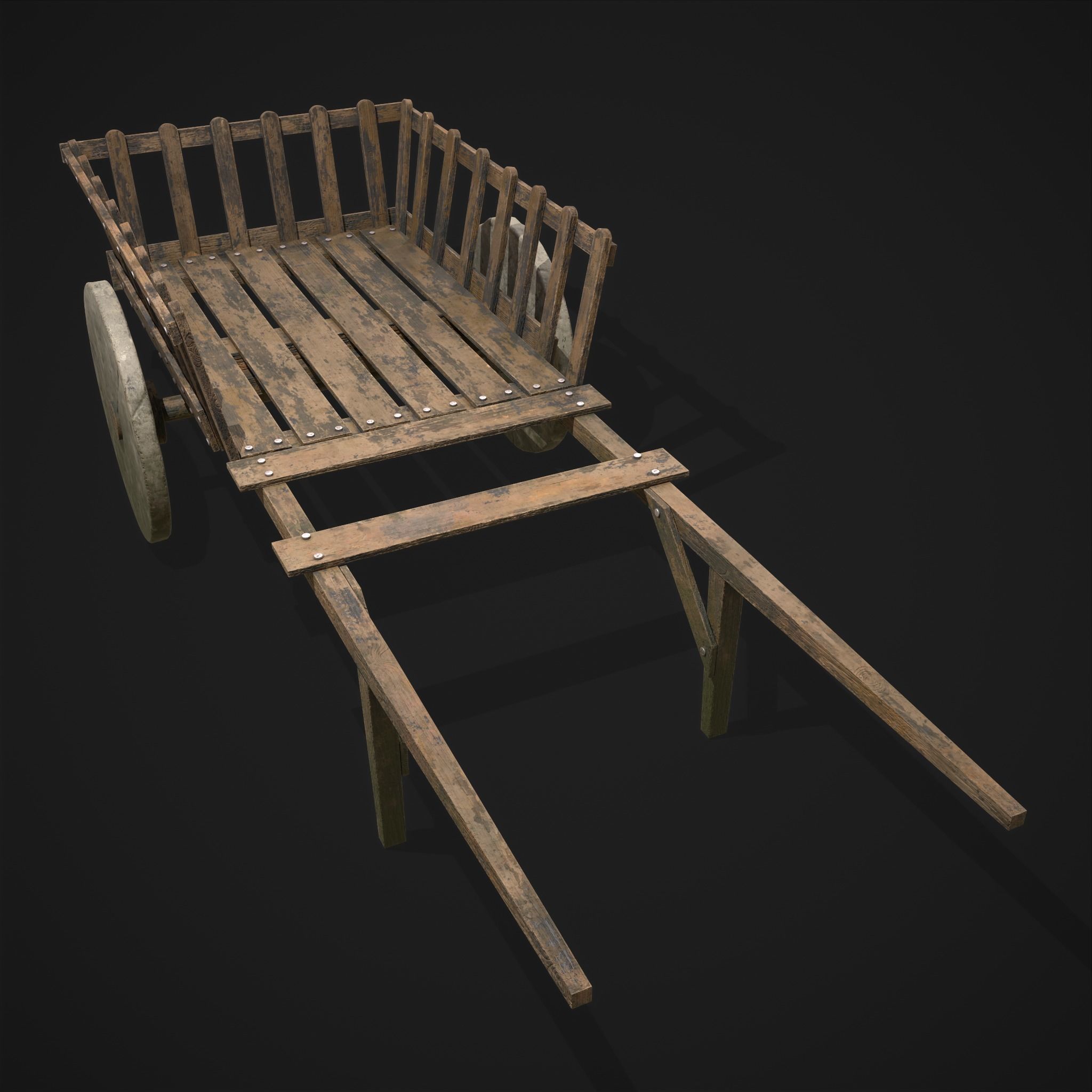 Long Bed Cart Stone Wheeled Low-poly 3D model_33