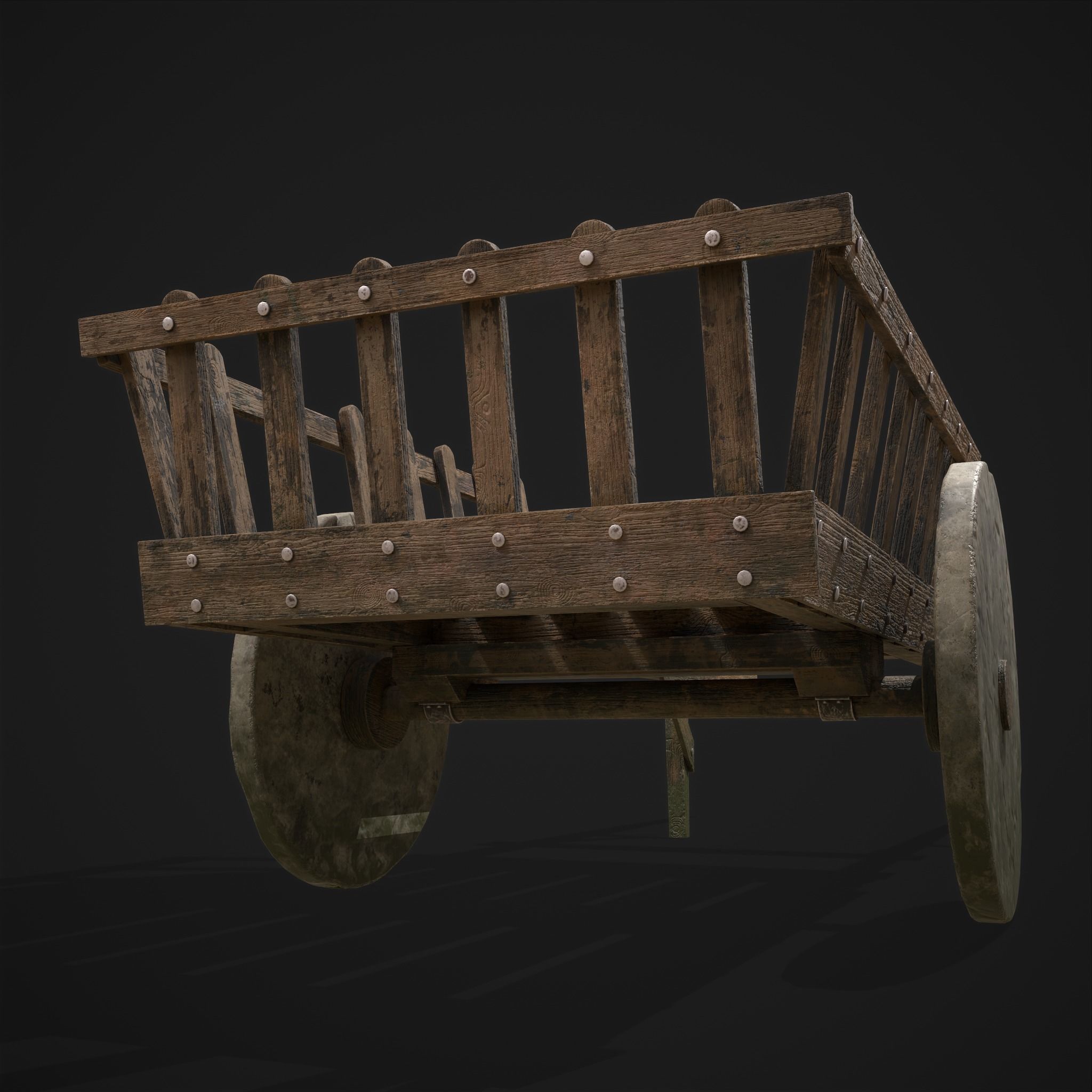 Long Bed Cart Stone Wheeled Low-poly 3D model_29