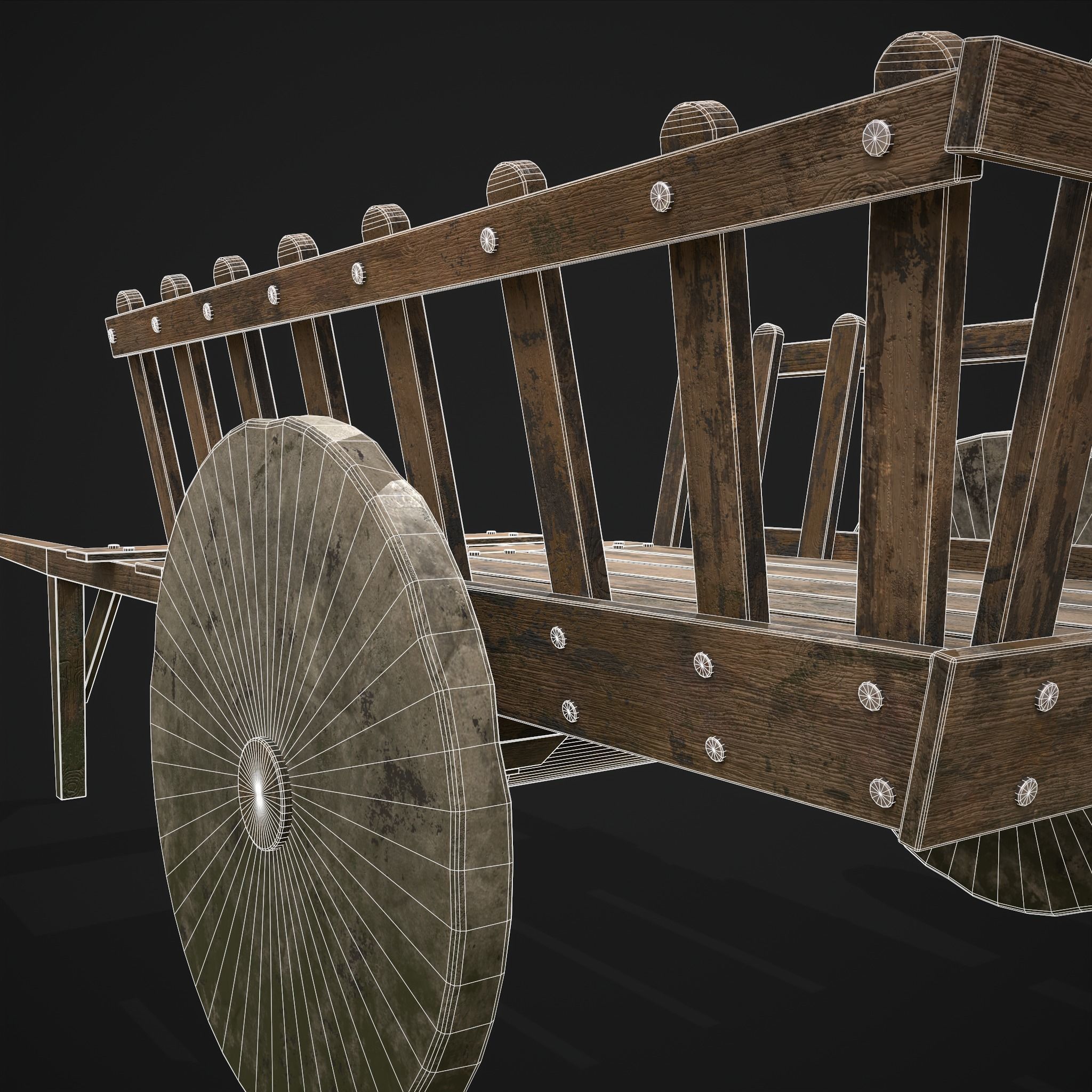 Long Bed Cart Stone Wheeled Low-poly 3D model_32