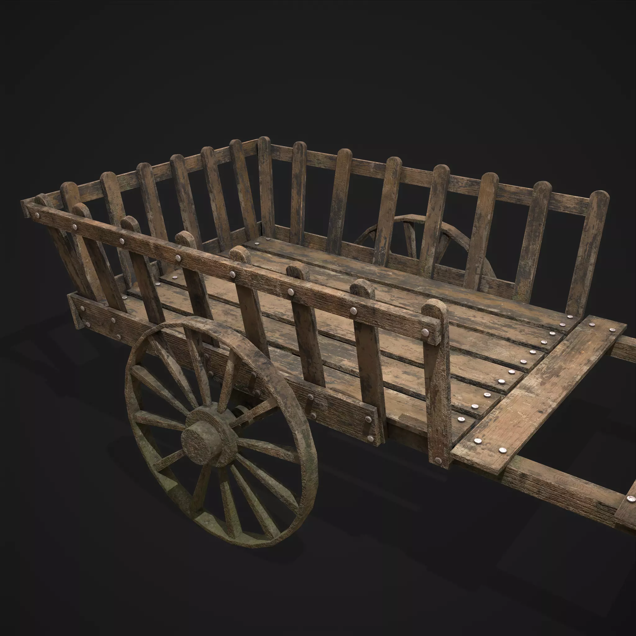 Long Bed Cart Wooden Wheeled Low-poly 3D model_0