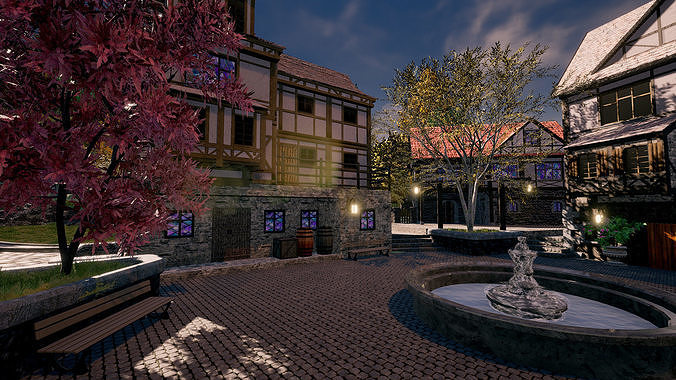 Medieval Modular Building Environment Houses Castle and Farmland Low-poly 3D model