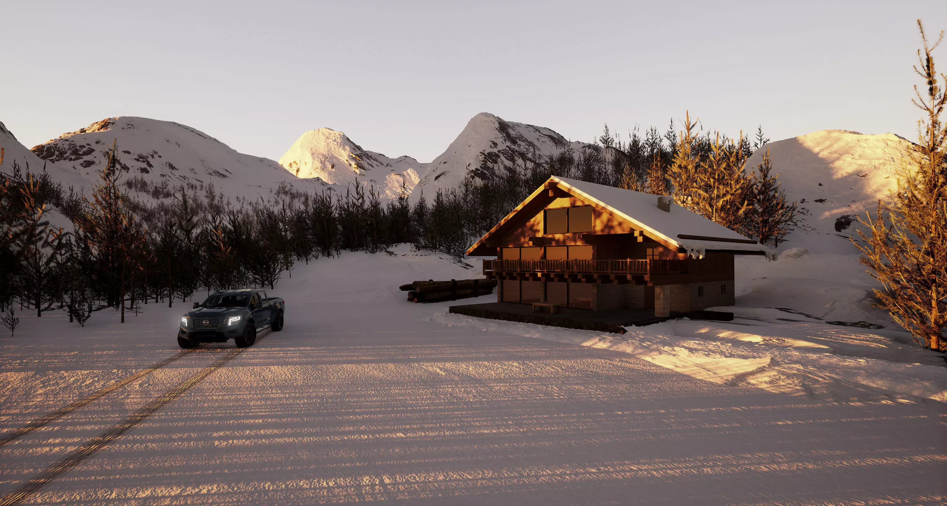 chalet cabin wooden log house 3D model_0