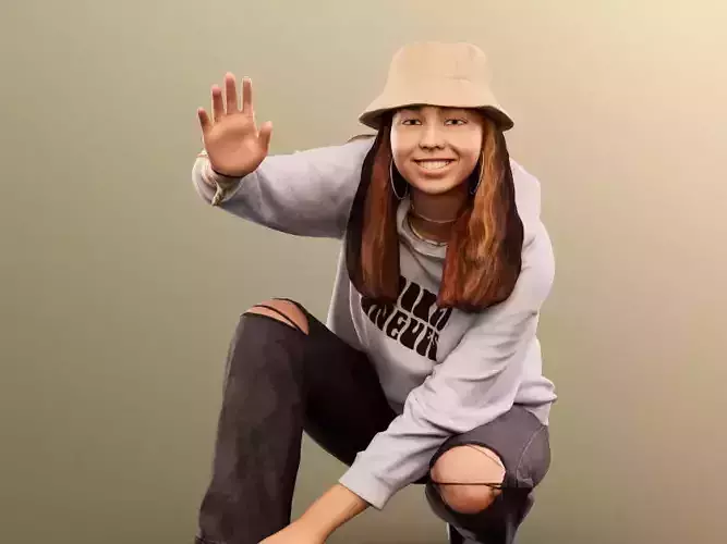 Flora 12431 - Kneeing Casual Girl Waving