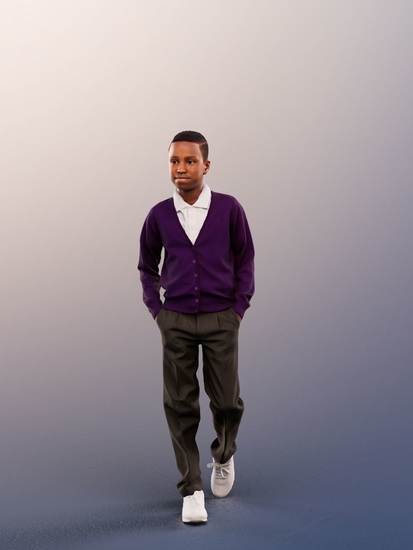 Nelson 12390 - 4 Texturevariations - Standing Black Schoolboy Low-poly 3D model_7