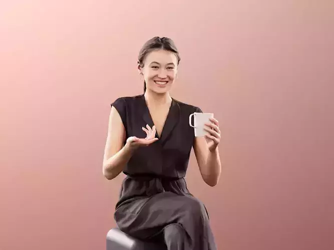Francine 11285 - Sitting Asian Woman With Cup Talking