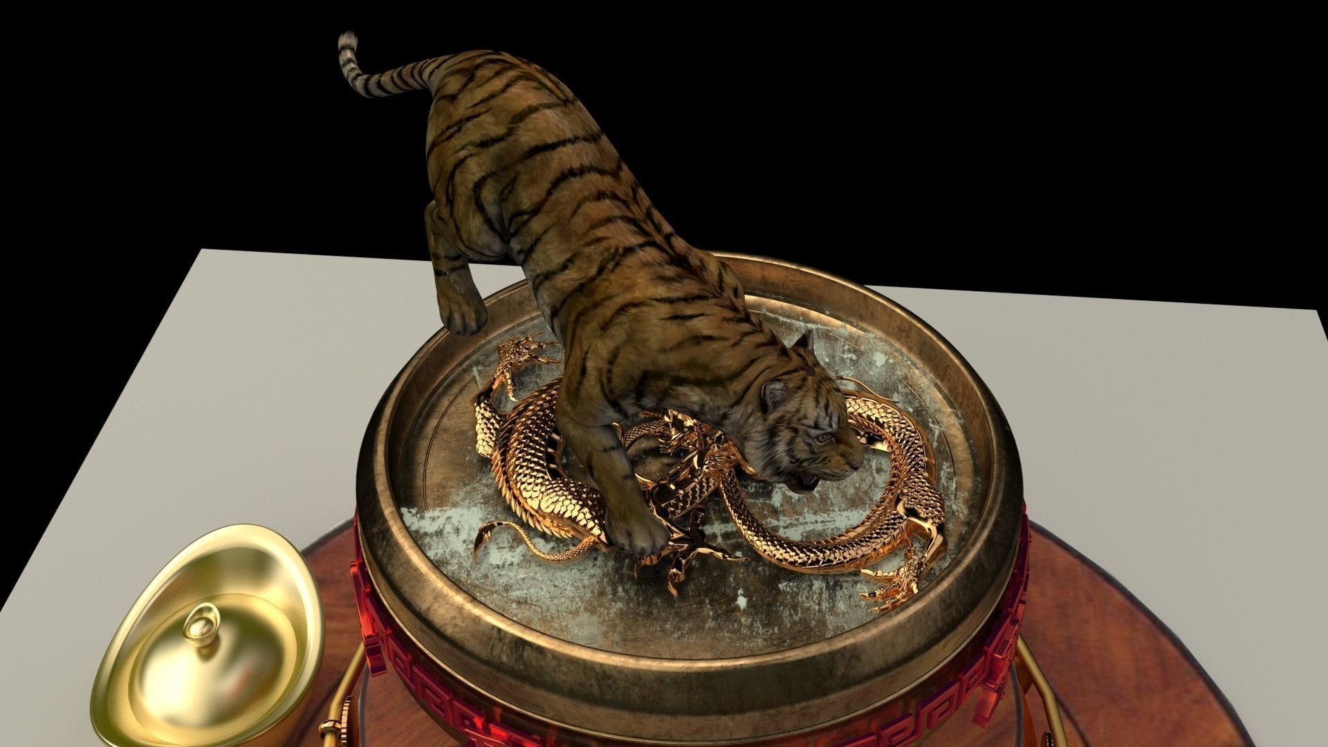Chinese zodiac drinking tiger in dragon bowel  3D model_4