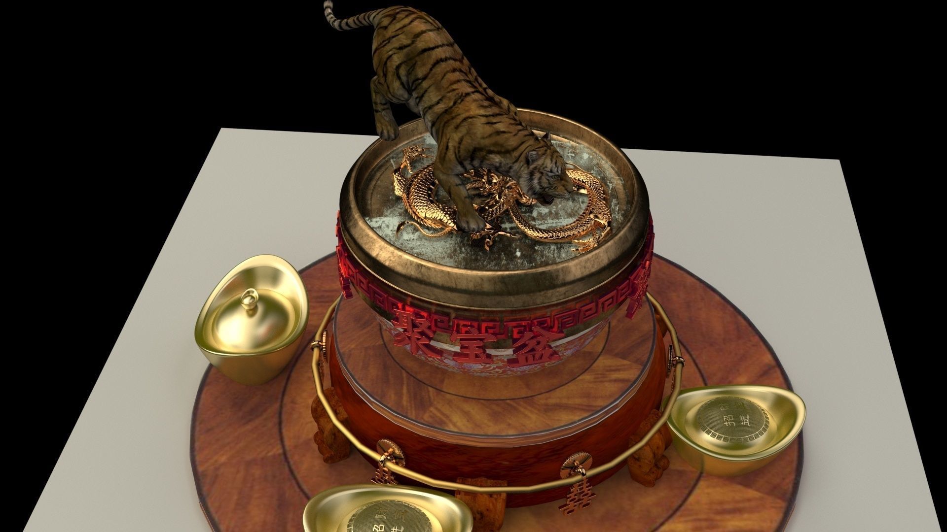 Chinese zodiac drinking tiger in dragon bowel  3D model_1