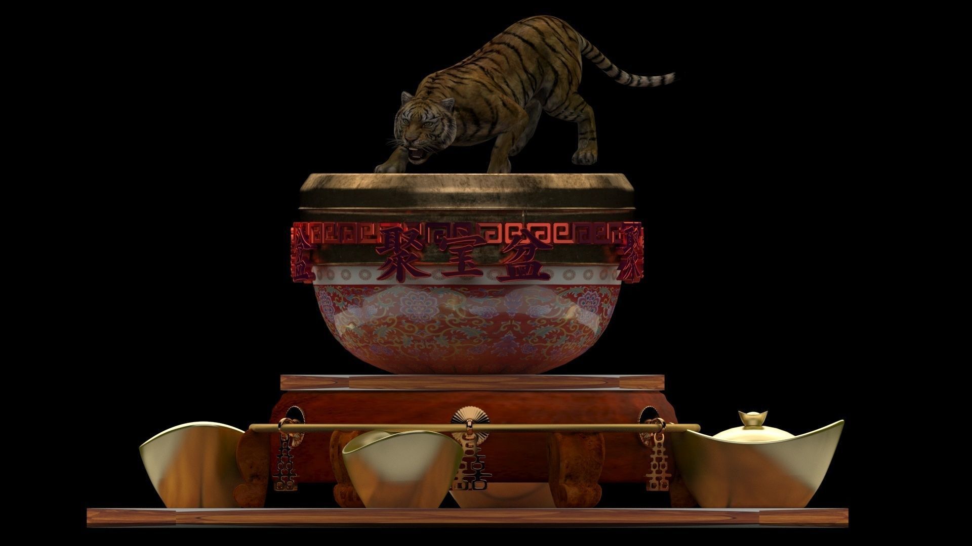 Chinese zodiac drinking tiger in dragon bowel  3D model_2