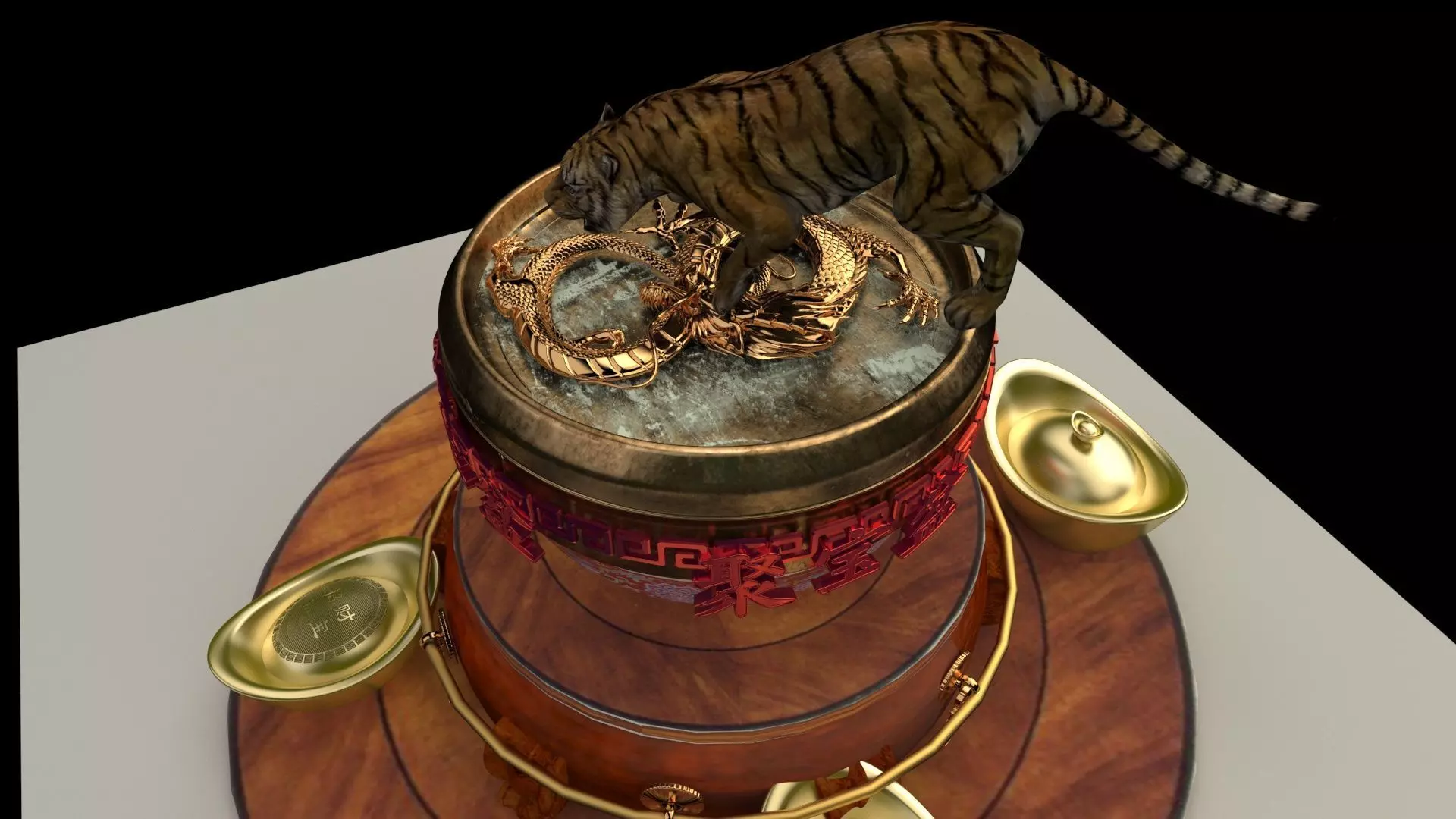 Chinese zodiac drinking tiger in dragon bowel  3D model_0