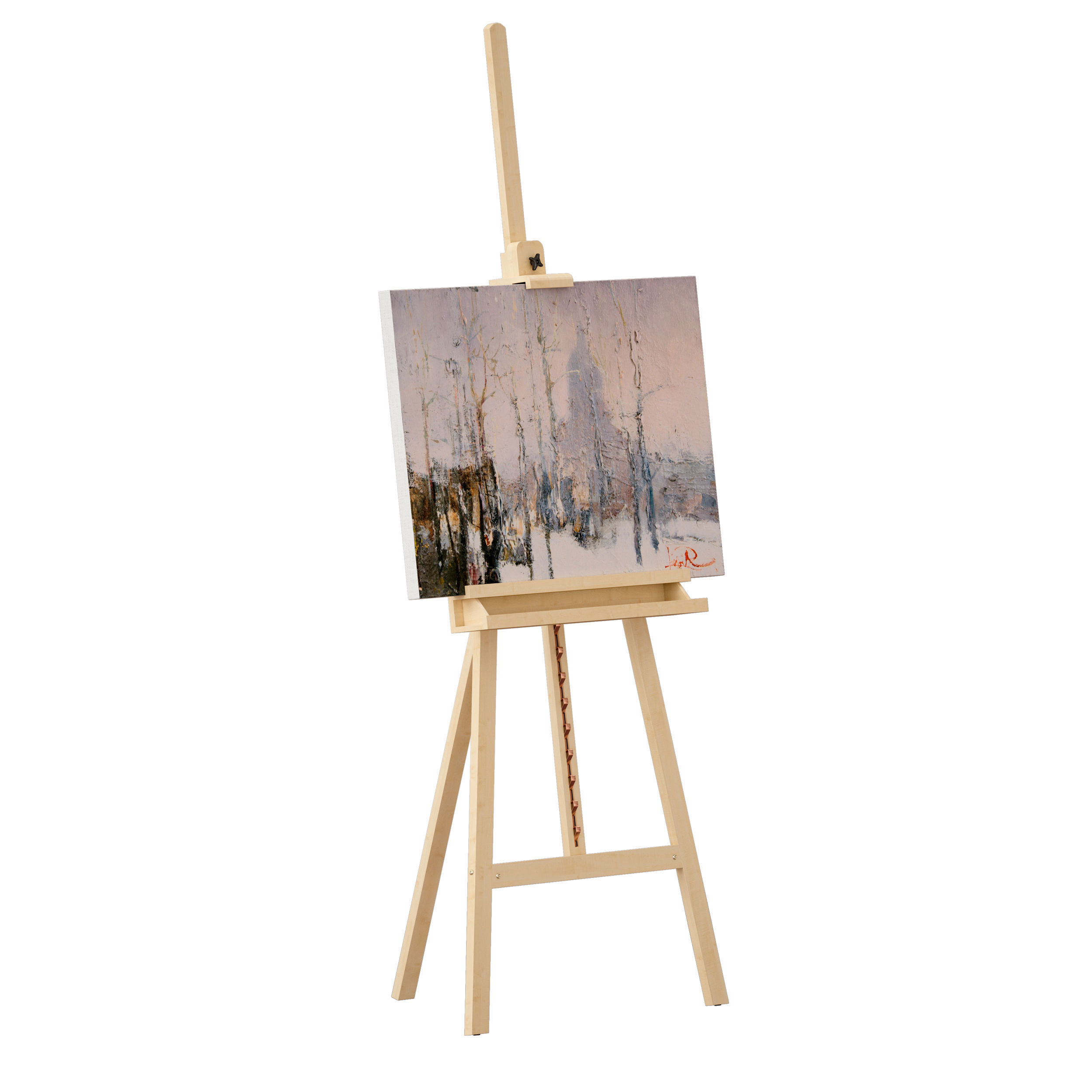 Wooden easel and painting 3D model_1