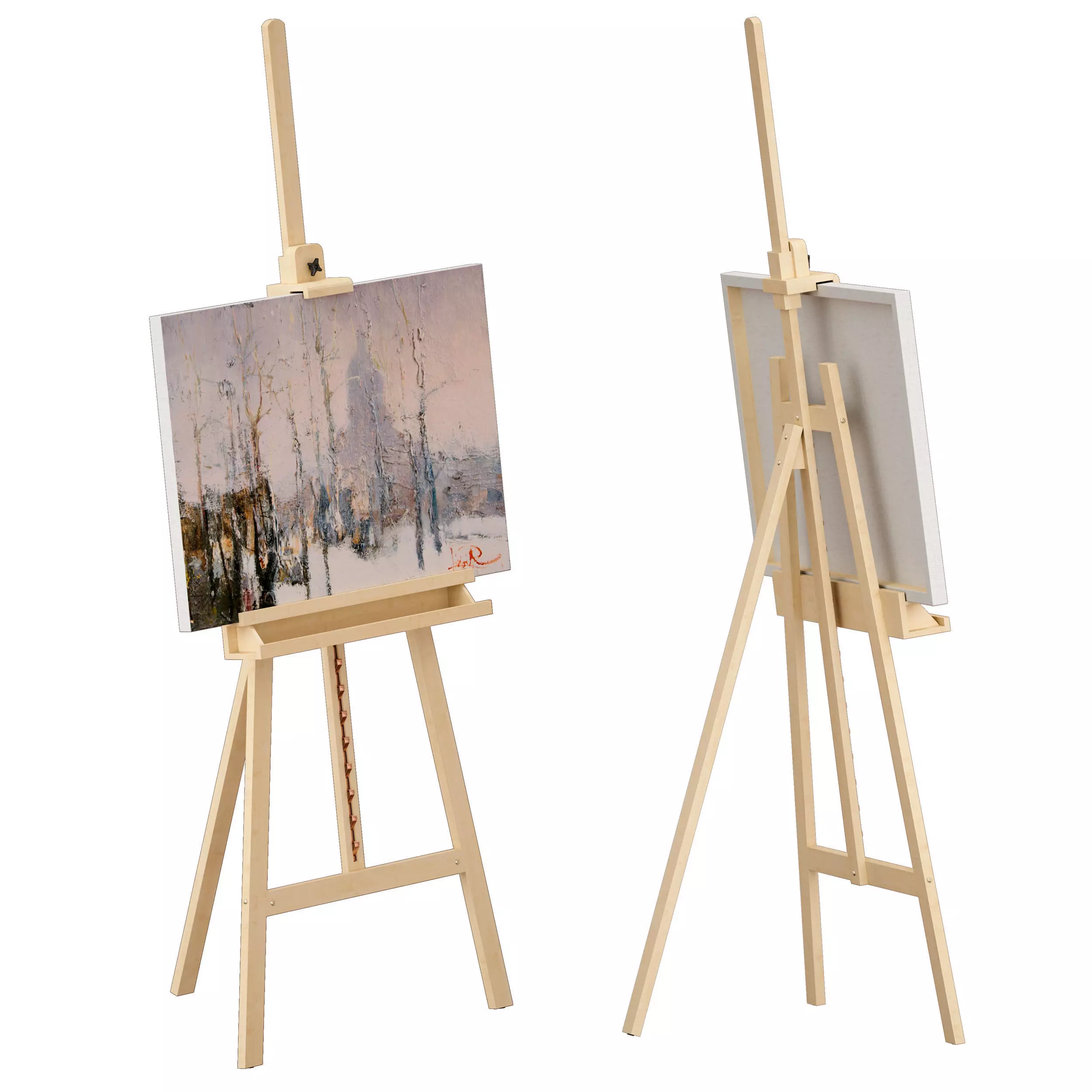 Wooden easel and painting 3D model_0