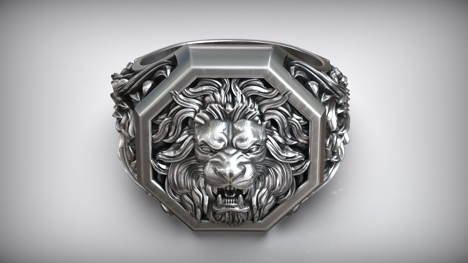 Lion Head Royal Baroque Pattern Signet Ring 3D print model_4