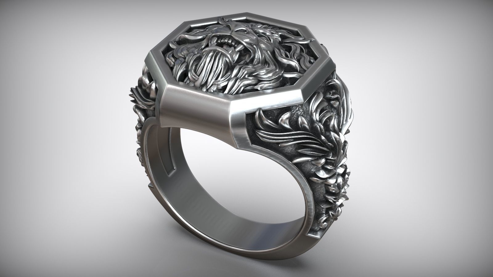 Lion Head Royal Baroque Pattern Signet Ring 3D print model_5