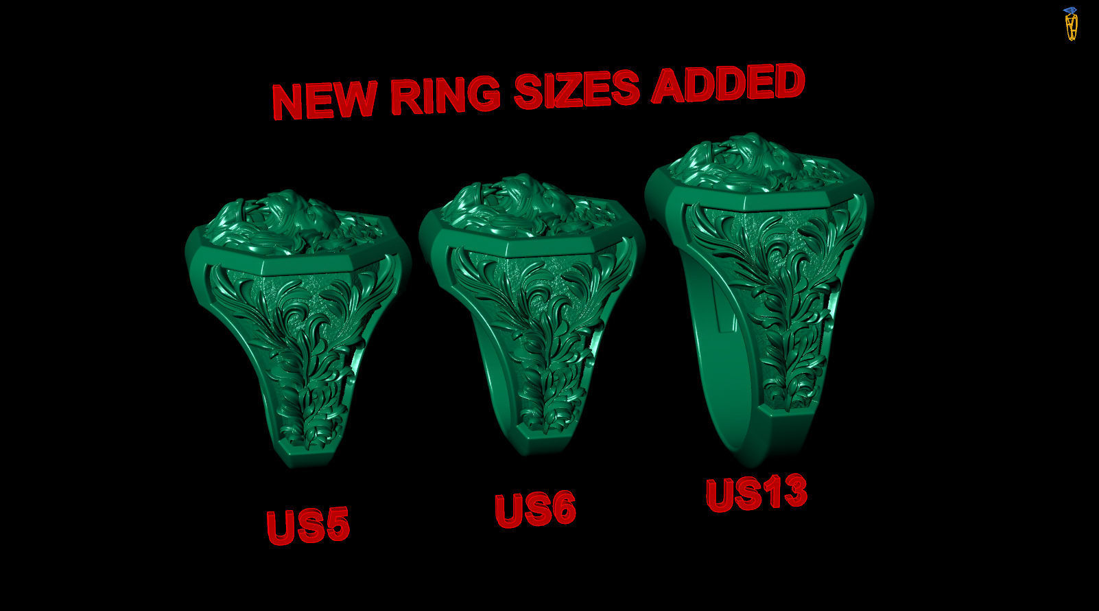 Lion Head Royal Baroque Pattern Signet Ring 3D print model_9