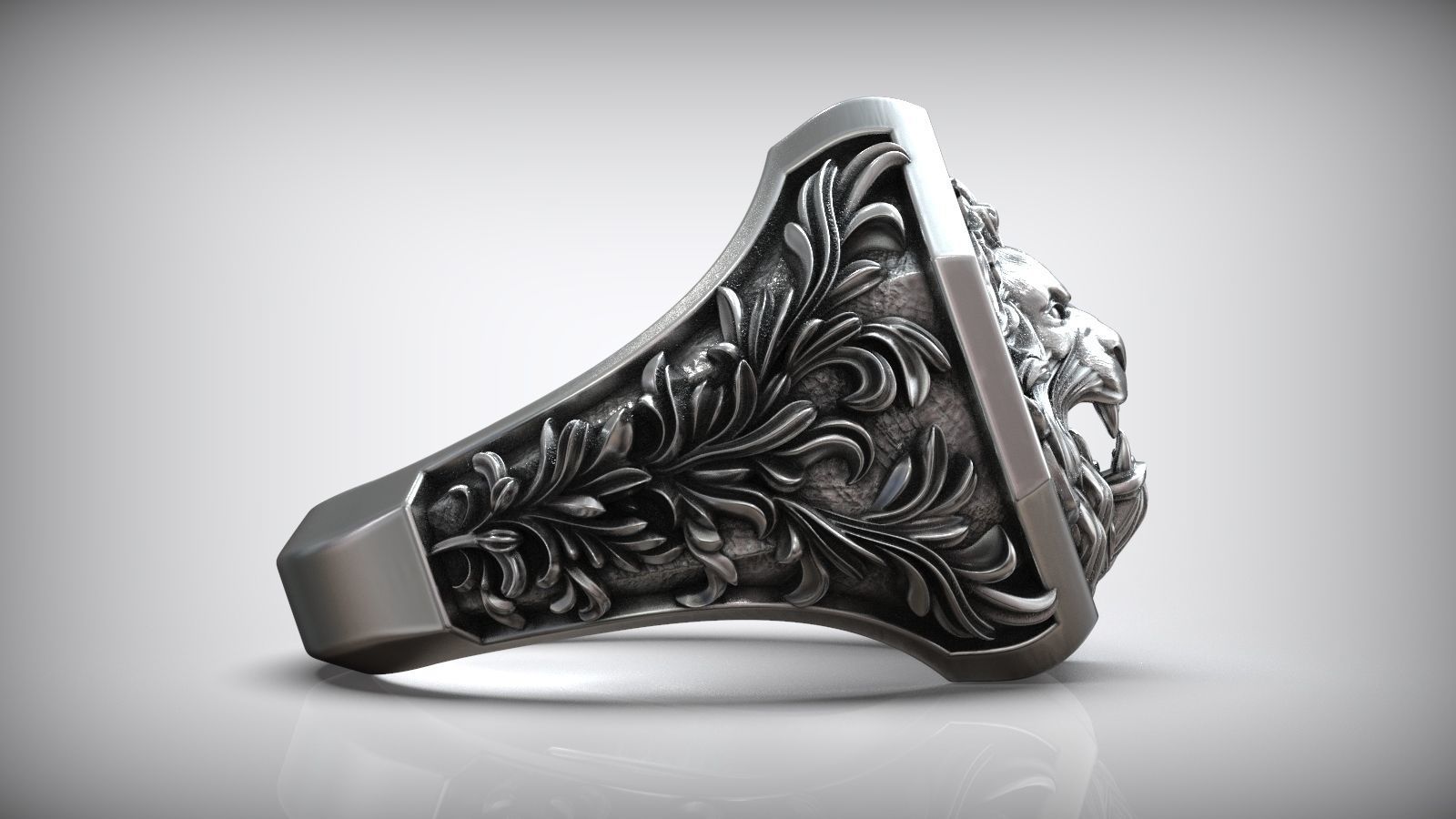 Lion Head Royal Baroque Pattern Signet Ring 3D print model_2