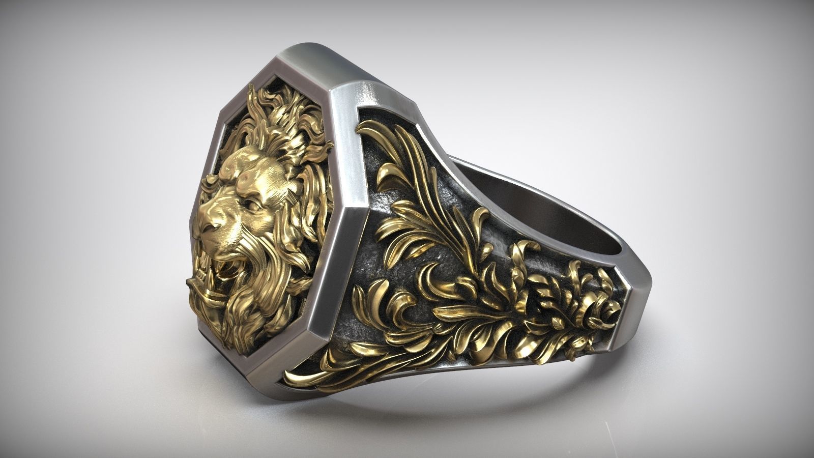 Lion Head Royal Baroque Pattern Signet Ring 3D print model_3