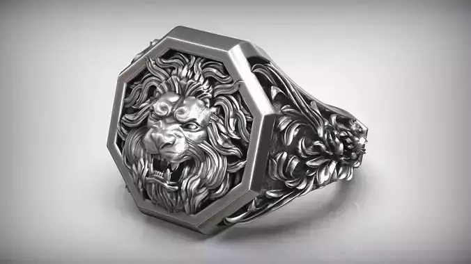 Lion Head Royal Baroque Pattern Signet Ring 3D print model