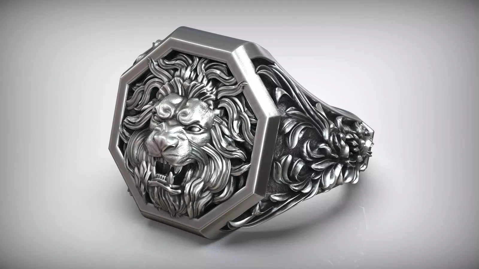 Lion Head Royal Baroque Pattern Signet Ring 3D print model_0