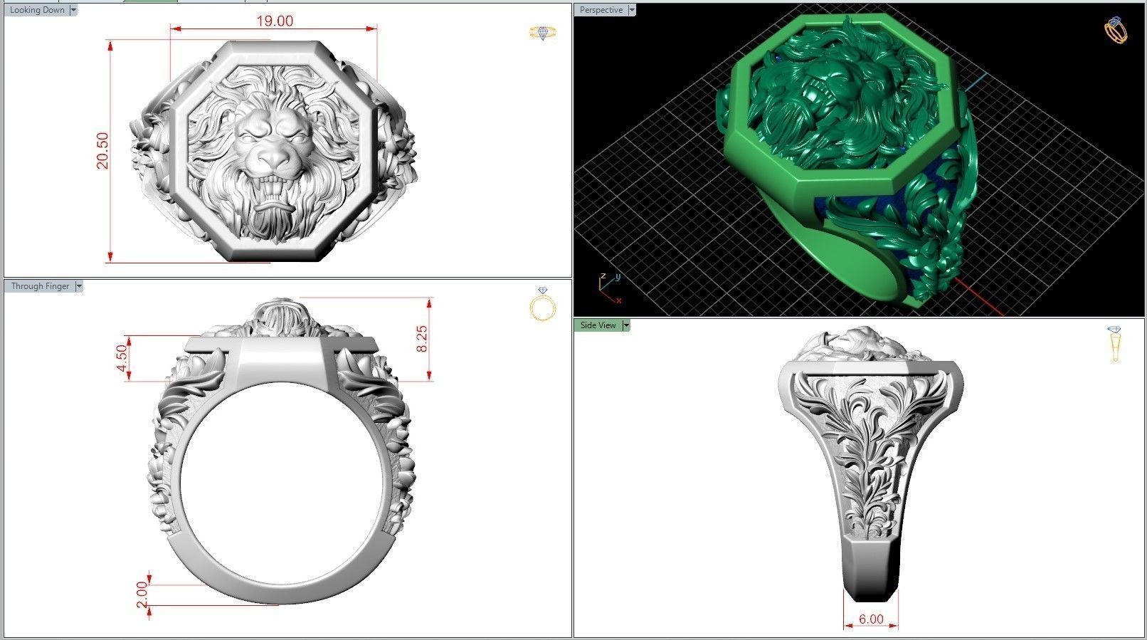 Lion Head Royal Baroque Pattern Signet Ring 3D print model_7