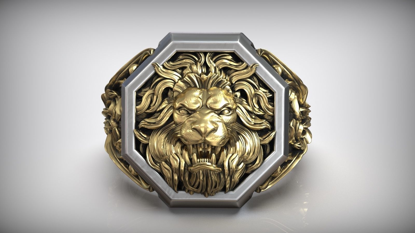 Lion Head Royal Baroque Pattern Signet Ring 3D print model_1