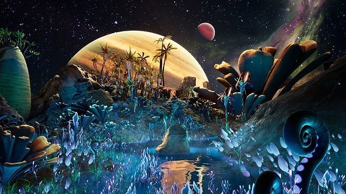 Alien Planet Fantasy Environment - Grassland Plants Low-poly 3D model