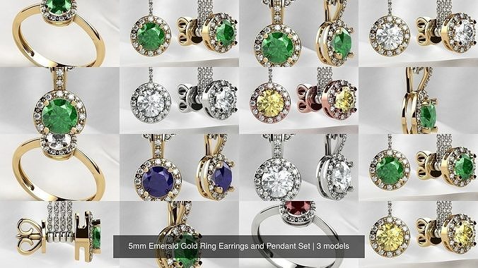 5mm Emerald Gold Ring Earrings and Pendant Set 3D Model Collection