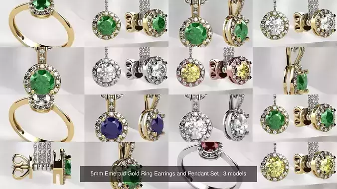 5mm Emerald Gold Ring Earrings and Pendant Set 3D Model Collection