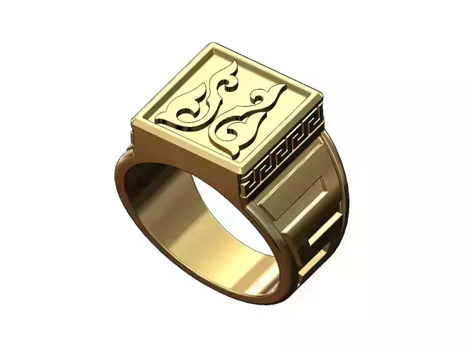 Floral scroll engravings greek key pattern signet US size 10