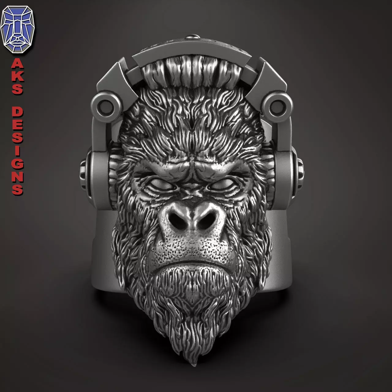 Ring animal jewelry Gorilla with headphone 1 3D print model