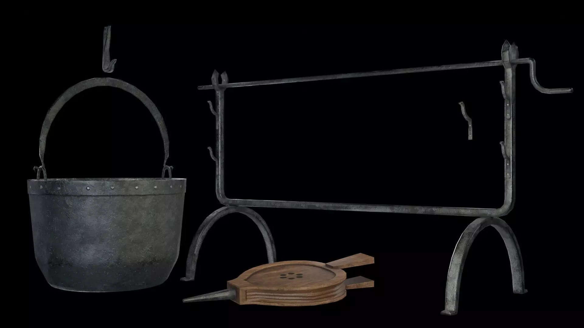 A cauldron a spit for meat furs for blowing up the fire Low-poly 3D model_0