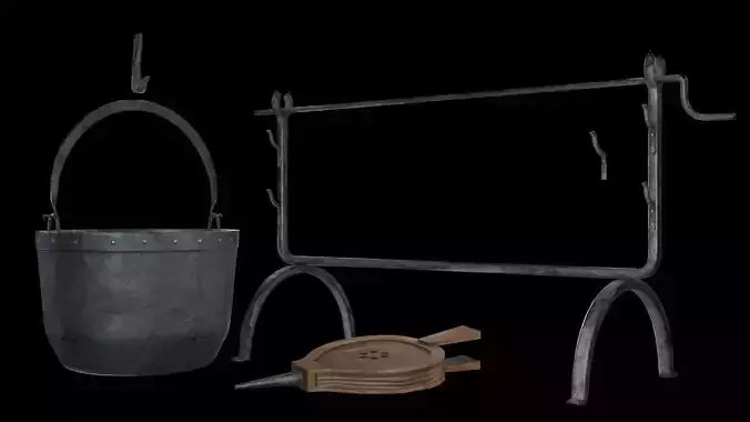 A cauldron a spit for meat furs for blowing up the fire Low-poly 3D model