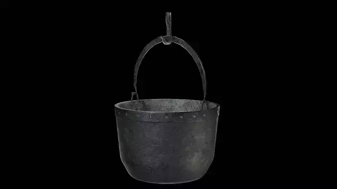 A cauldron a spit for meat furs for blowing up the fire Low-poly 3D model 3