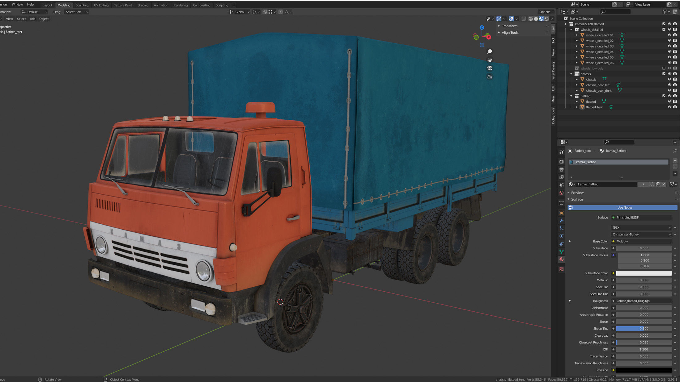 Kamaz-5320 Flatbed Low-poly 3D model_17