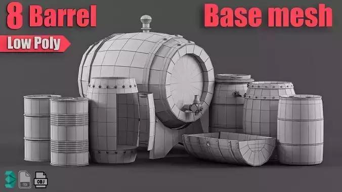 pack 8 Low Poly barrel base mesh - Game ready