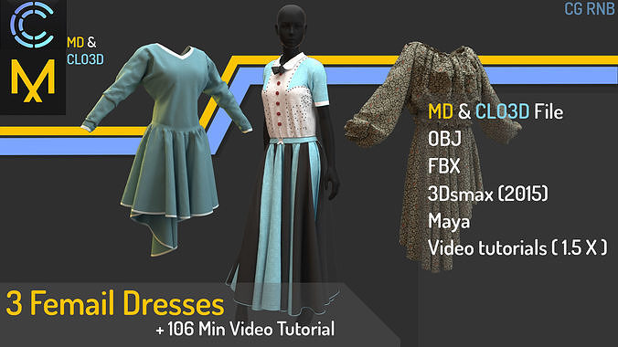 3 Femail Dresses With Video Tutorials 3D model