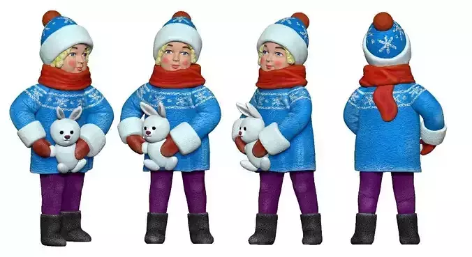 001356 blonde kid in winter jacket with rabbit toy