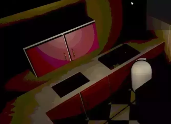 Couch kitchen with checkered floor